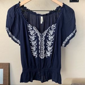 Peasant Top, Navy with Tassel Detail
